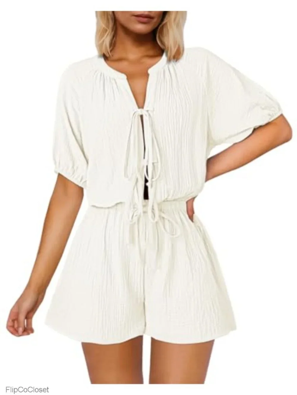 Women's Casual Romper Self Tie V Neck Short Sleeve Cotton Summer Jumpsuit